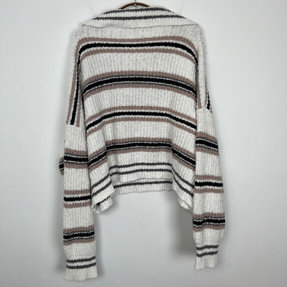 Free People Kennedy Striped Cropped Polo Sweater Cream Tan Black Size Large - Picture 8 of 9